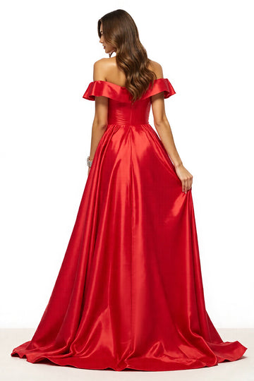 Red A Line Off the Shoulder Satin Maxi Formal Dress with Slit